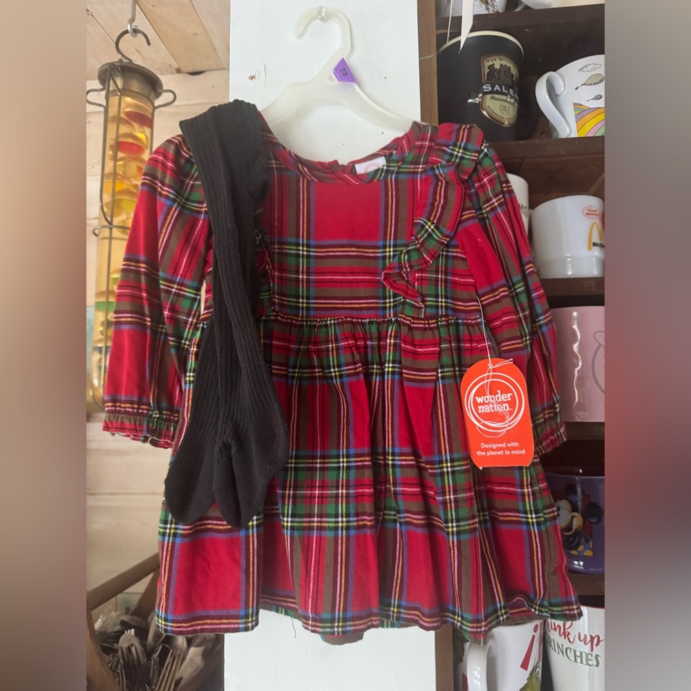 Red Plaid Dress with Black Tights size 12 months Holiday